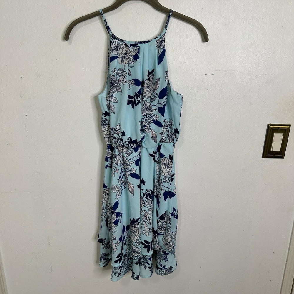 Floral Halter Mini Dress Light Blue Navy Sleeveless XS Keyhold40198FR Travel